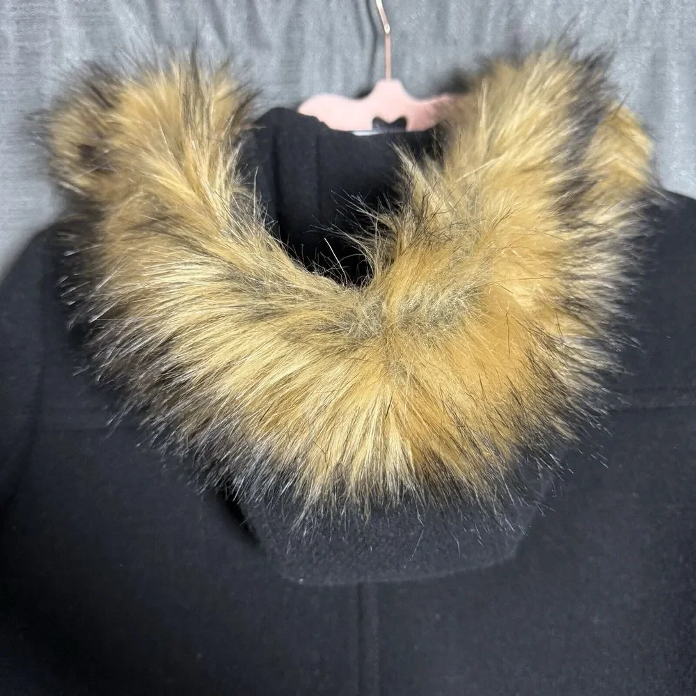 J. Crew Stadium Cloth Coat Size 6 Black Chateau Italian Wool Parka Hood Faux Fur